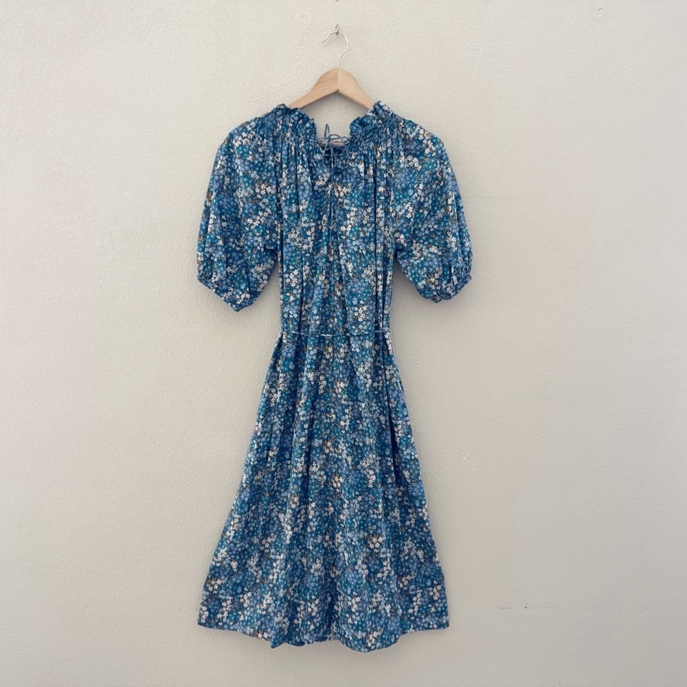 J. Crew Smocked Puff Sleeve Midi Dress XS Liberty Fabric Blue Floral Cottagecore - Picture 6 of 16
